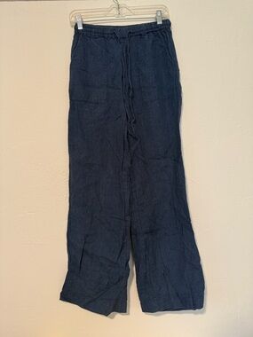 Navy Wide-Leg Linen Pants Pin striped Poetey